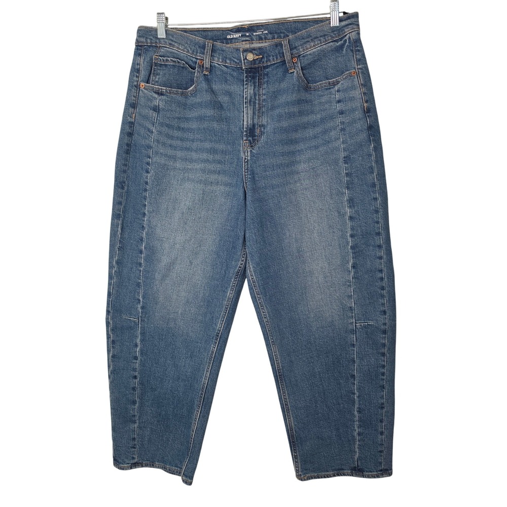 Old Navy Jeans Women 16 Blue HR Baggy Barrel Leg High Rise Cropped Seam Detail